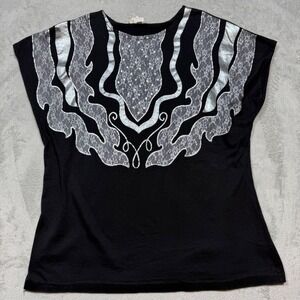 Vintage 80s Black Cotton Blend‎ Silver Lace Glam T-Shirt Top Large